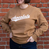 Chocolate Sweatshirt in camel, front of sweatshirt on model